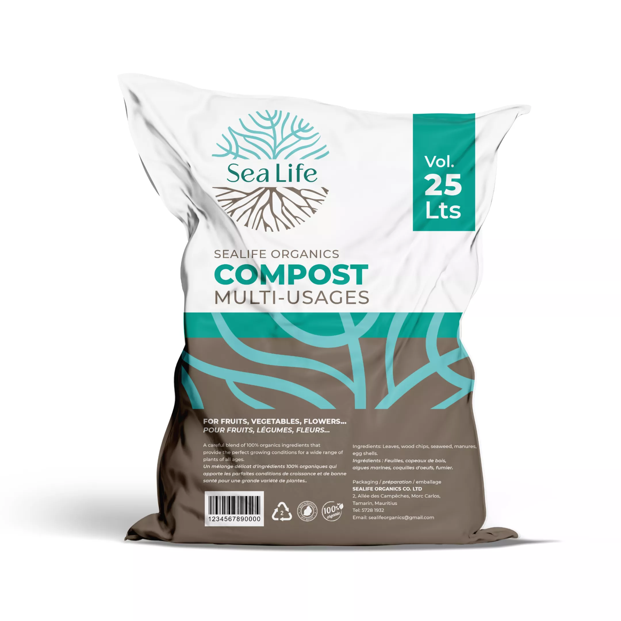 Bag of nutrient-rich seaweed compost by SeaLife Organics for sustainable gardening