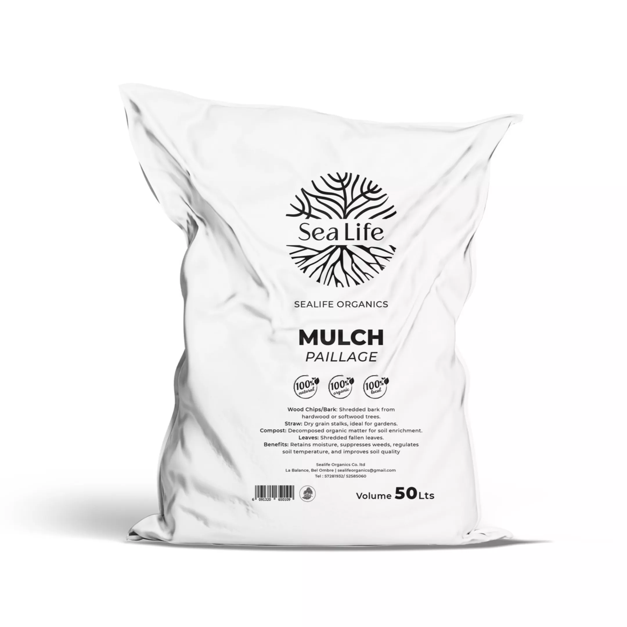 Organic mulch blend by SeaLife Organics for weed control and soil protection